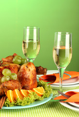 banquet table with roast chicken
