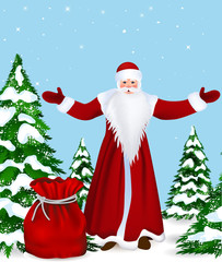 Santa Claus Christmas tree and gift, vector image card