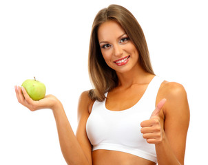 beautiful young woman with green apple, isolated on white