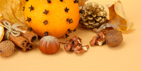 composition of christmas spices, on beige background