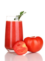 Glass of tomato juice isolated on white