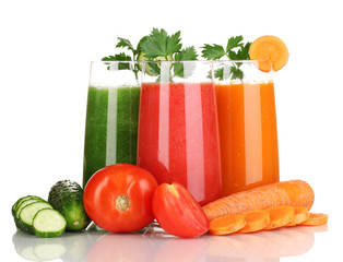 Fresh vegetable juices isolated on white