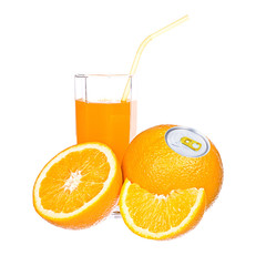 Orange juice and slices of orange isolated on white