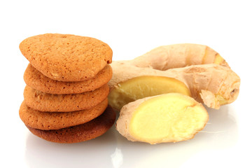 Ginger cookies with fresh ginger root isolated on white