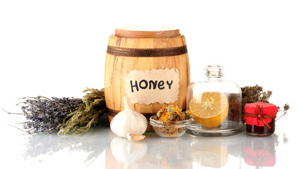 Honey and others natural medicine for winter flue, isolated