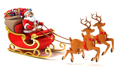 santa claus with sledge, deers and Christmas presents