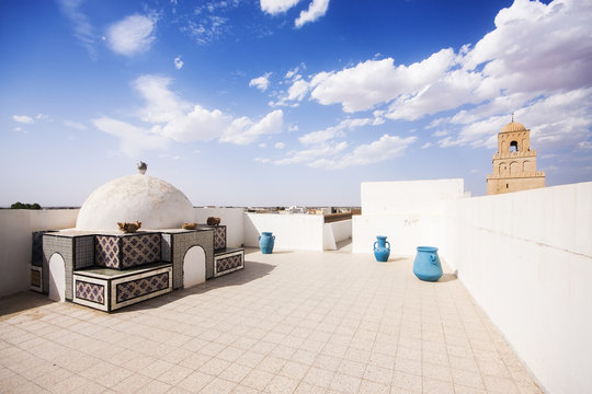 View of the Great Mosque of Kairouan from a rooftop, Tunisia.