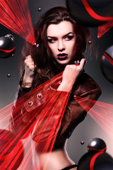 pretty attractive erotic woman in brown jacket with laser light