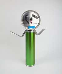 cute funny robot toy made of garbage. recycling waste