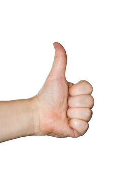 Isolated thumbs up male hand on white