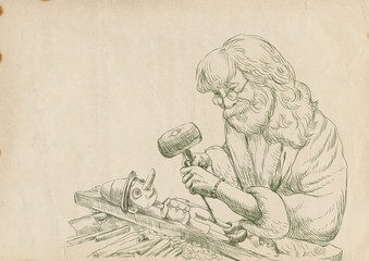 Geppetto carves from a wooden-blocks his son, Pinocchio