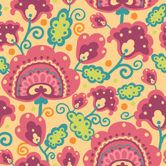 Vector folk Blossom Seamless Pattern Background with ornamental