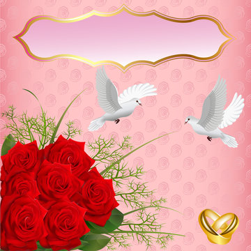 wedding card with roses and rings pigeons