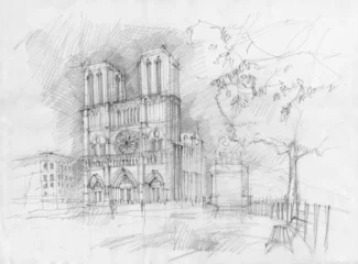 Photo sur Aluminium Illustration Paris Dessin au crayon de la façade historique de Notre-Dame, Paris
