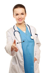 Fototapeta premium A female doctor's handshake, isolated on white background