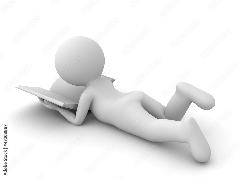 Poster 3d man reading a book lying on white background
