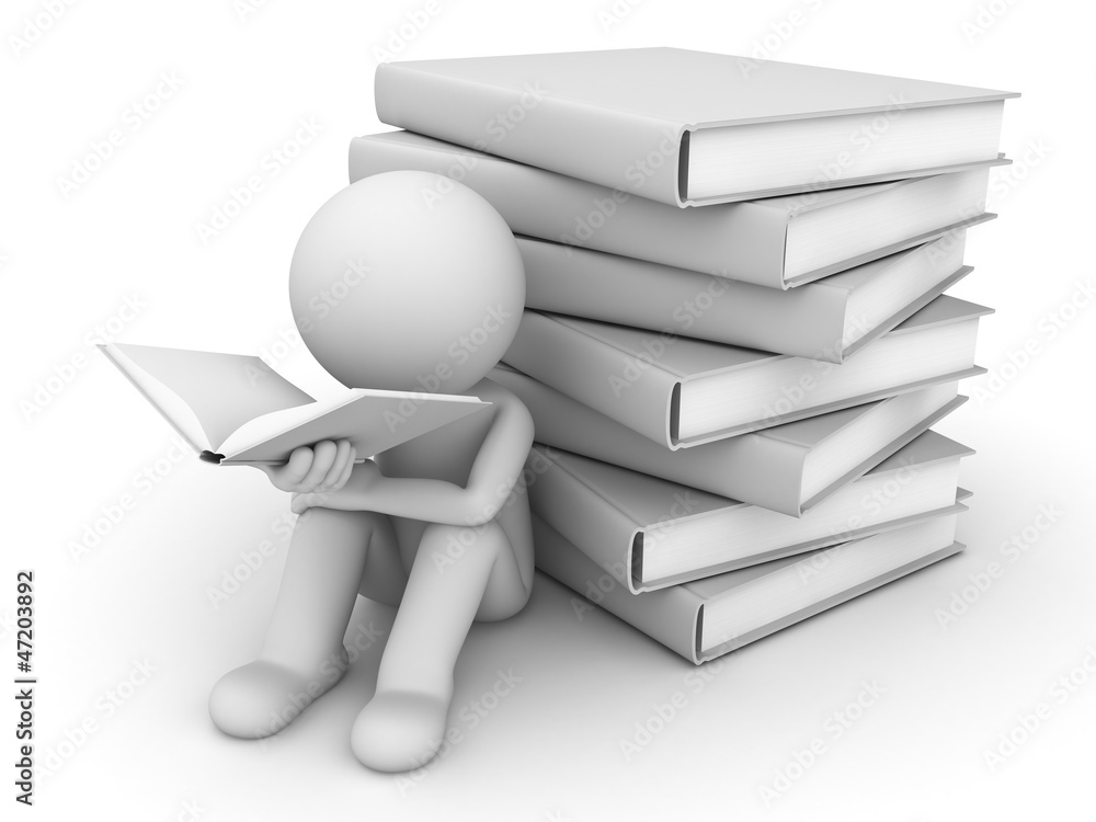 Aufkleber 3d man reading a book with pile of books behind