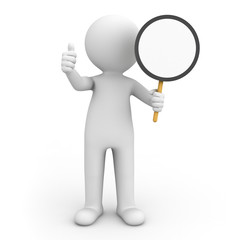 3d man holding blank circle sign and showing thumbs up
