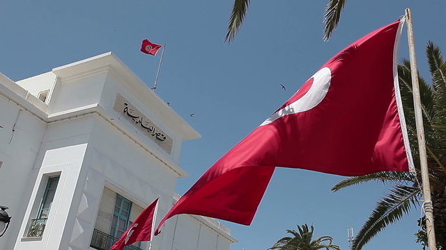 Flying flag of Tunisia in front of the administrative building