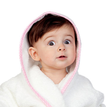 Surprised baby with bathrobe