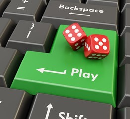 3d green button with red game dices - online casino concept