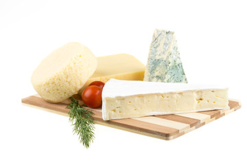 Variety of cheese: ementaler, gouda, Danish blue soft cheese and
