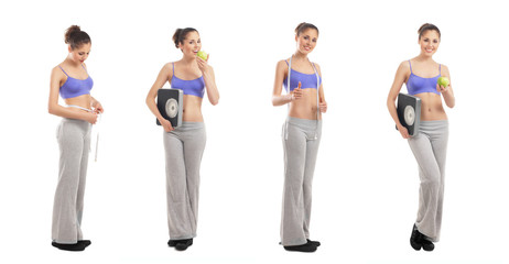 Obraz premium A collage of young women in sporty clothes holding weight scales