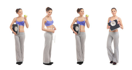 Fototapeta premium A collage of young woman in sporty clothes holnding apples