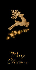 Golden Christmas deer and stars on a black background - obrazy, fototapety, plakaty