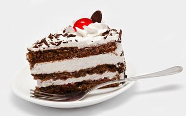 Piece of chocolate cake on the plate with fork