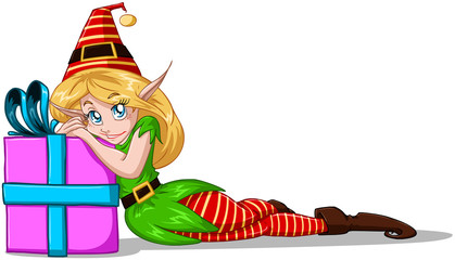 Elf Girl Leaning On Present For Christmas