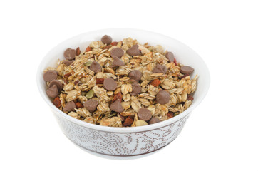 homemade granola with chocolate drops isolated