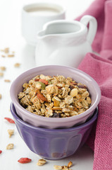 homemade granola with goji berries in a bowl vertical
