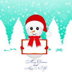 Snowman with a sign in a snowy forest