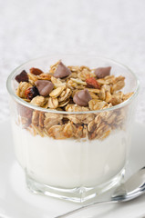 yogurt and granola with chocolate drops in a glass beaker