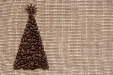 Christmas tree on sack background postcard