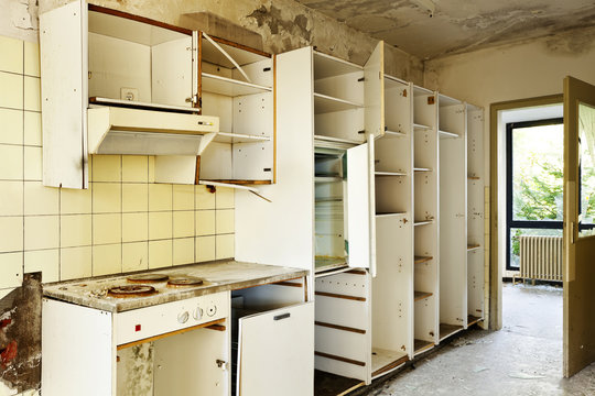 old kitchen destroyed, interior abandoned house