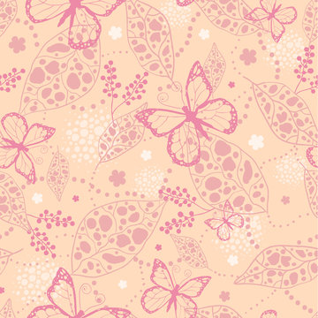 Vector pink Butterflies Among Branches Seamless Pattern