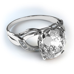Wedding silver diamond ring isolated on white background