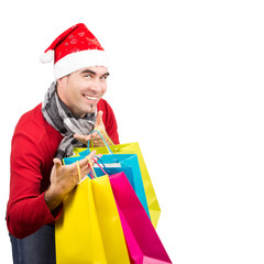 Nikolaus ist glücklich über Weihnachtsschnäppchen, isoliert