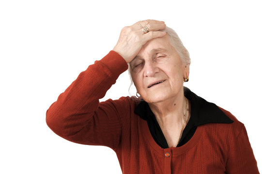 Isolated Migraine Head Ache Pained Old Lady On White Background