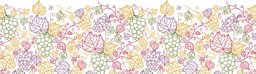 Vector line art grape vines horizontal seamless pattern