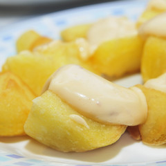 typical spanish patatas bravas, spicy potatoes