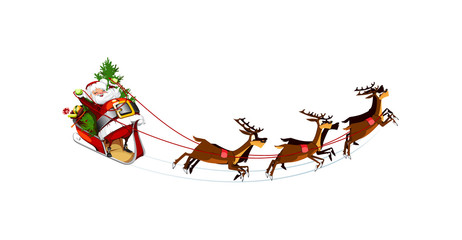 white background with Santa Claus flying his sleigh
