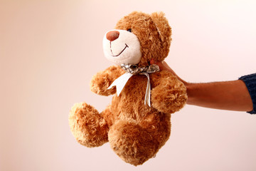 Man's hand holding brown teddy bear isolated