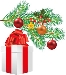 christmas tree branch with decorations and gift