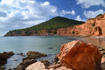 View of Sa Caleta beach in Ibiza, Spain