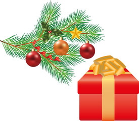 christmas tree branch with decorations and gift
