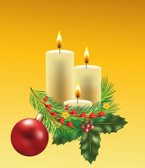 christmas candles with decorated fir-tree branch