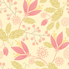 Vertical flowers and berries seamless pattern background with